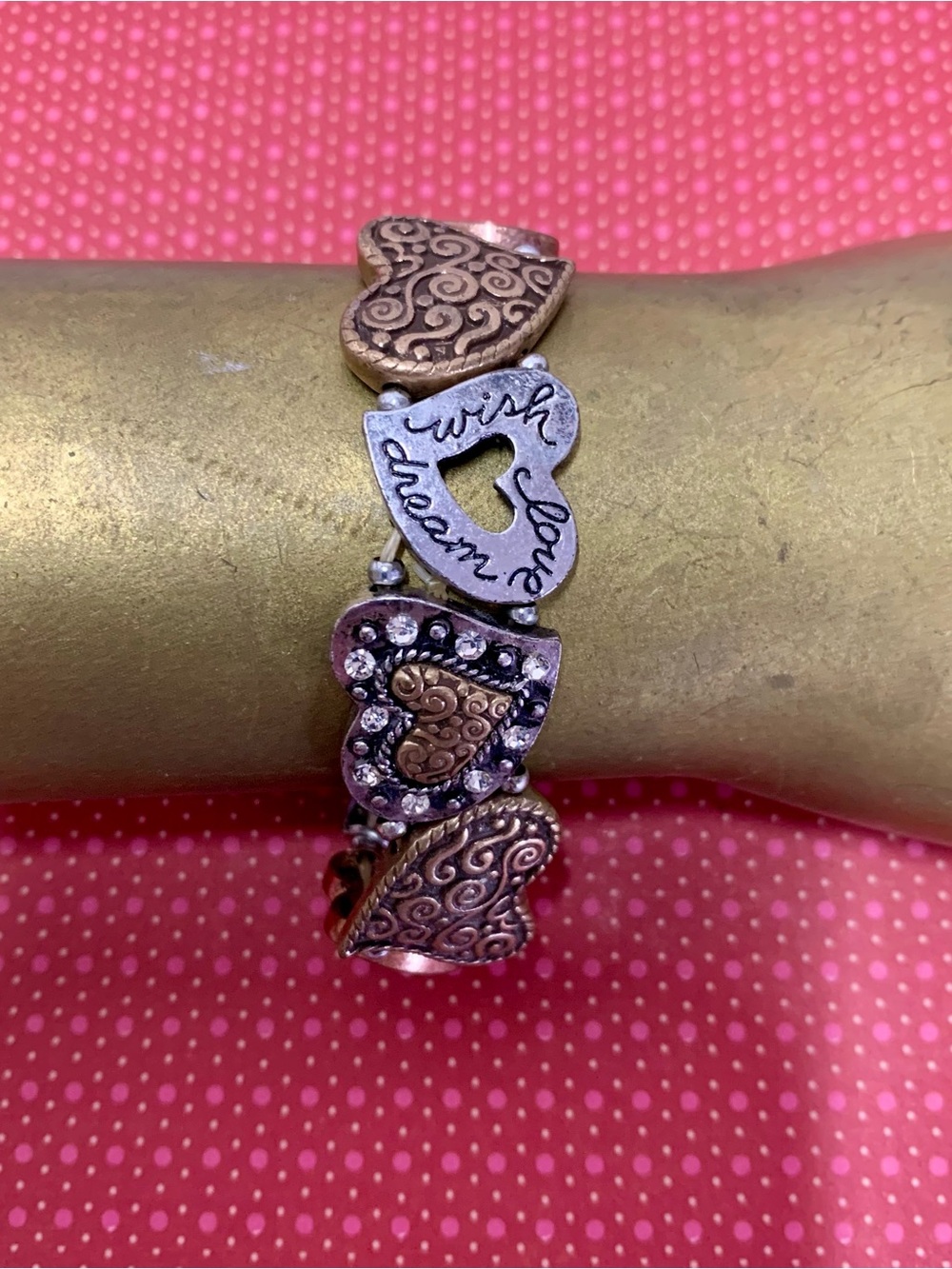 VINTAGE Lia Sophia Day Dreamer Tri-Tone Heart Stretch Bracelet - Love Wish Dream